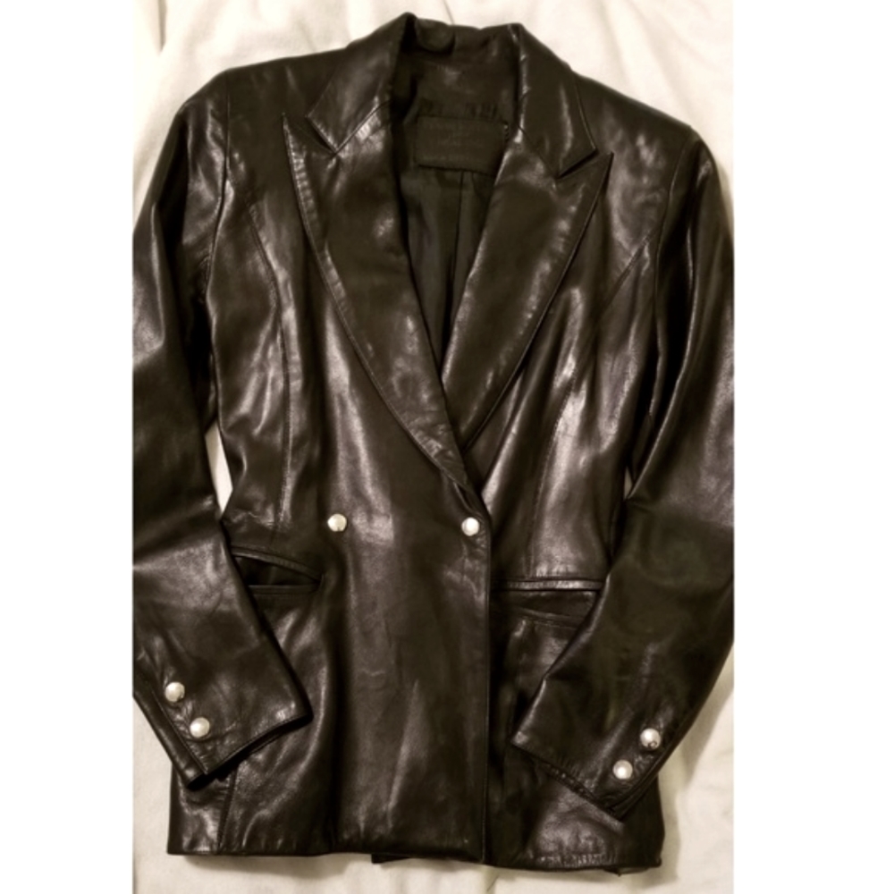 Claude Montana Designer Black Leather 1-of-a-Kind Jacket 2 Button Closur…